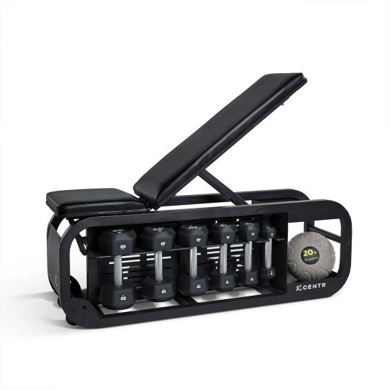 Centr Fusion Bench biedt veelzijdige workouts met 3 zitposities, 6 rug posities en opbergruimte voor dumbbells, perfect voor thuisfitness.