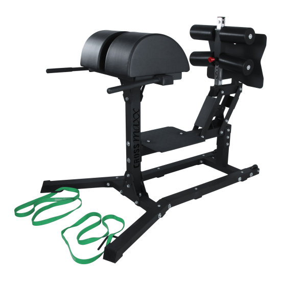 De Crossmaxx® Glute Ham PRO V2 is een robuust, veelzijdig toestel voor het trainen van de onderrug, hamstrings en billen, geschikt voor commercieel gebruik.
