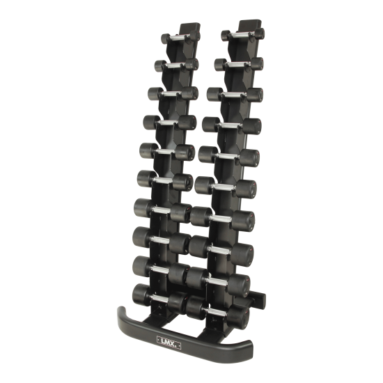 Compact LMX.® vertical dumbbell rack voor 10 sets, met rubberen beschermhouders en zwart poedercoating. Ideaal voor een nette opslag.