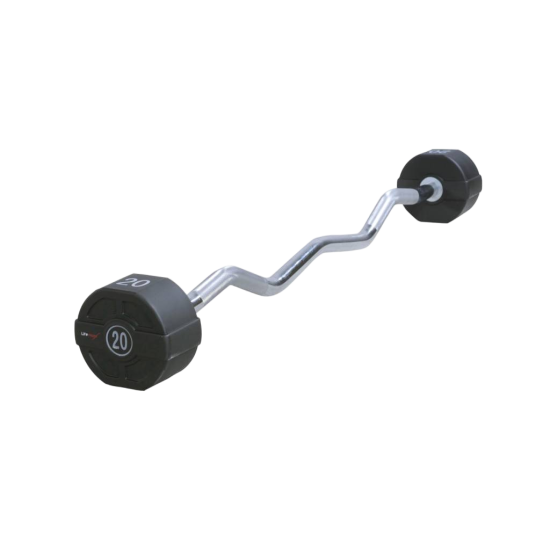 Professionele LMX74.E PU EZ barbells van Lifemaxx® met duurzame polyurethaan coating, hoge kwaliteit grip en duidelijke kg aanduiding. Beschikbaar van 10kg tot 40kg.