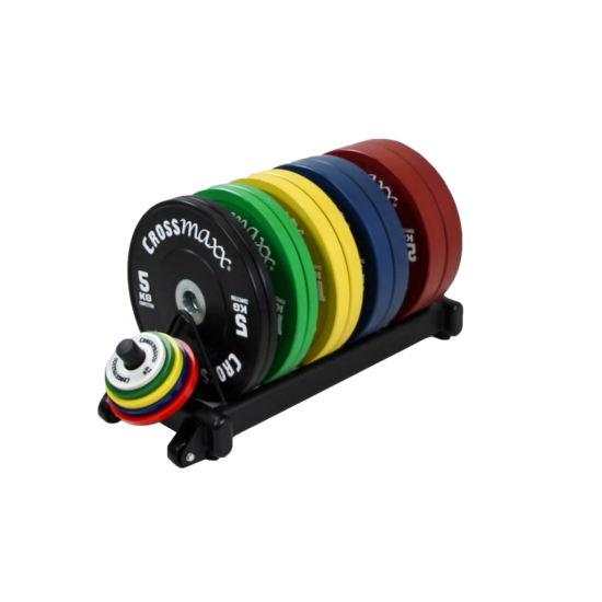 Duurzame LMX85C Crossmaxx® competition bumper plates in diverse gewichten, geschikt voor intensief gebruik, voldoen aan IWF normen voor weightlifting.