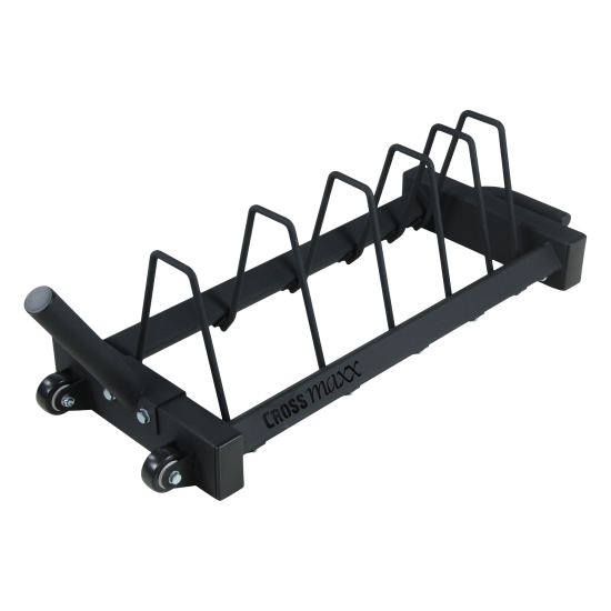 Compact Crossmaxx bumper plate rack V2 met wielen en handgreep, ideaal voor opslag van ⌀50mm plates. Sterk, zwart gepoedercoat frame.